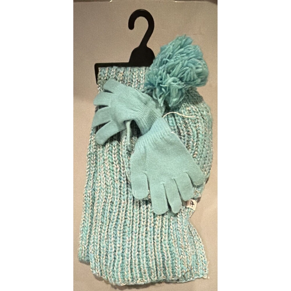 Girls Aqua Knit 3-Piece Accessory Set Solid Classic Pom Pom with Gloves NWT